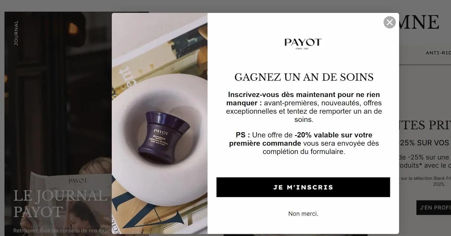 Popup d'inscription à la newsletter Payot, offrant un an de soins et une réduction de 20% sur la première commande.