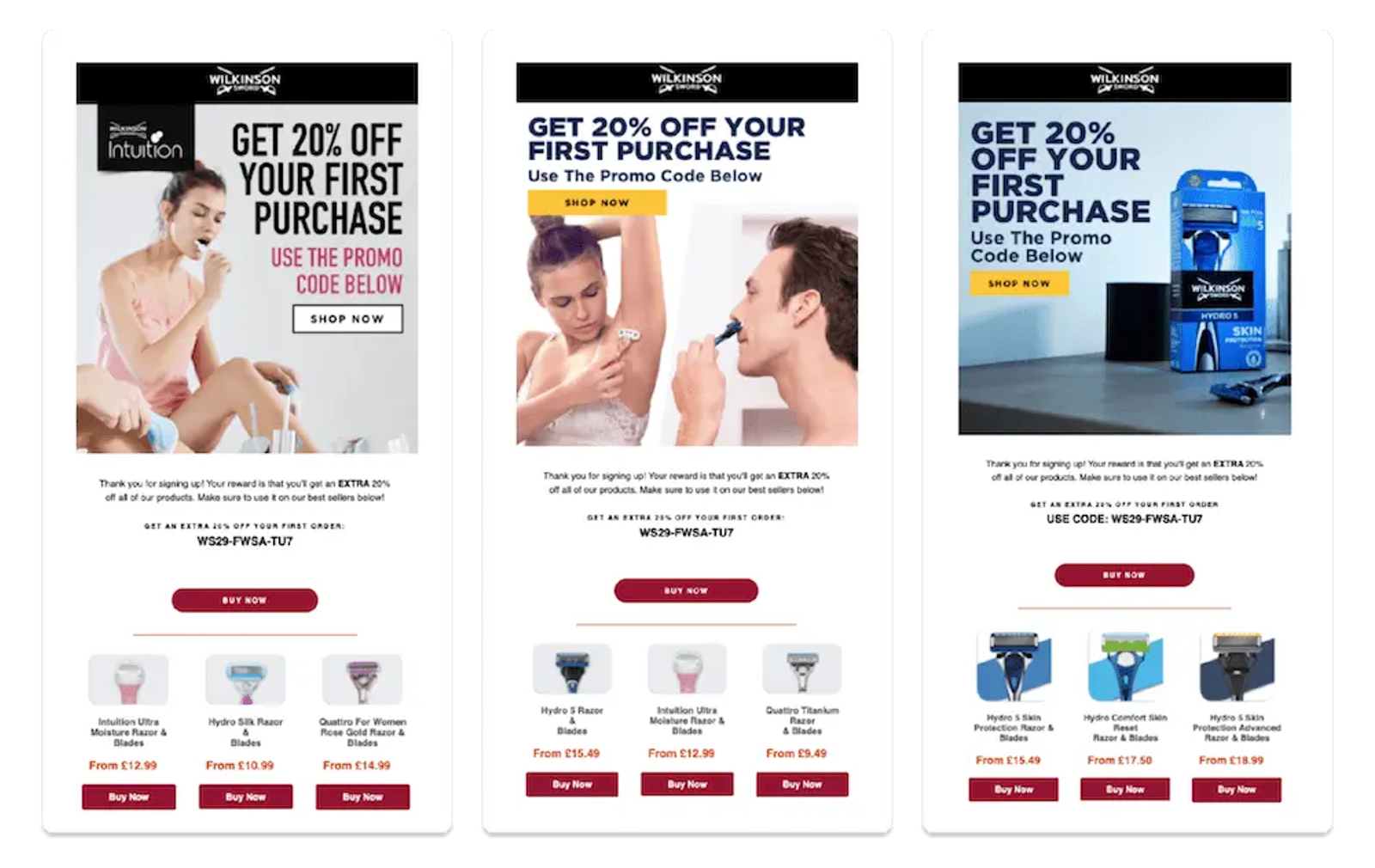 Image shows a welcome series from Wilkinson Sword, segmented based on the gender preferences subscribers identify when they first sign up for marketing messages.