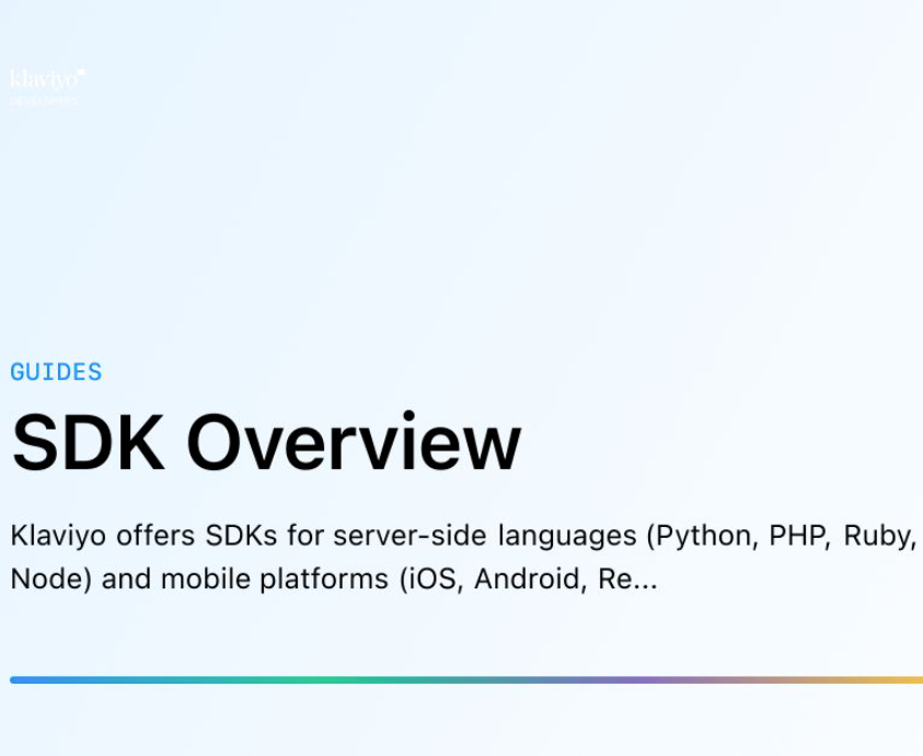 Klaviyo "SDK Overview" guide detailing SDKs for server-side languages and mobile platforms.