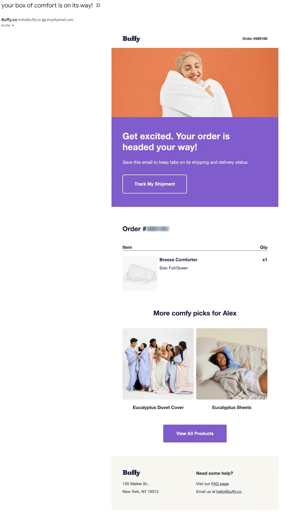 Buffy uses their shipping confirmation email to offer customers complementary products they might be interested in. The email design is clean and simple, highlighting the purchased product and branded lifestyle imagery but also including a recommendation section.