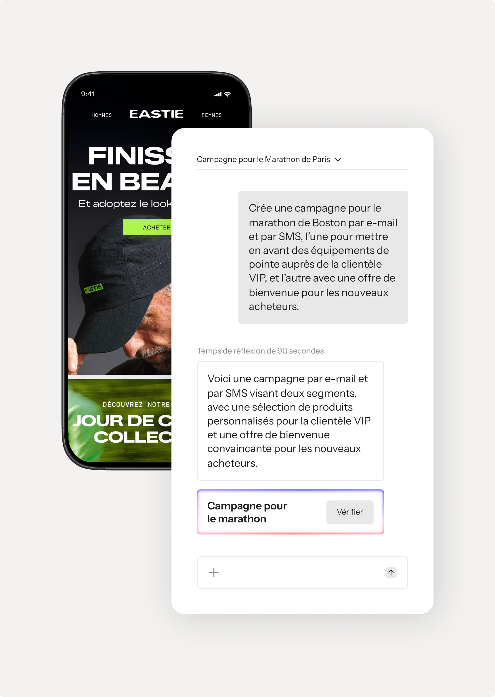 A smartphone displaying an e-commerce website next to a digital interface generating marketing campaign ideas in French.
