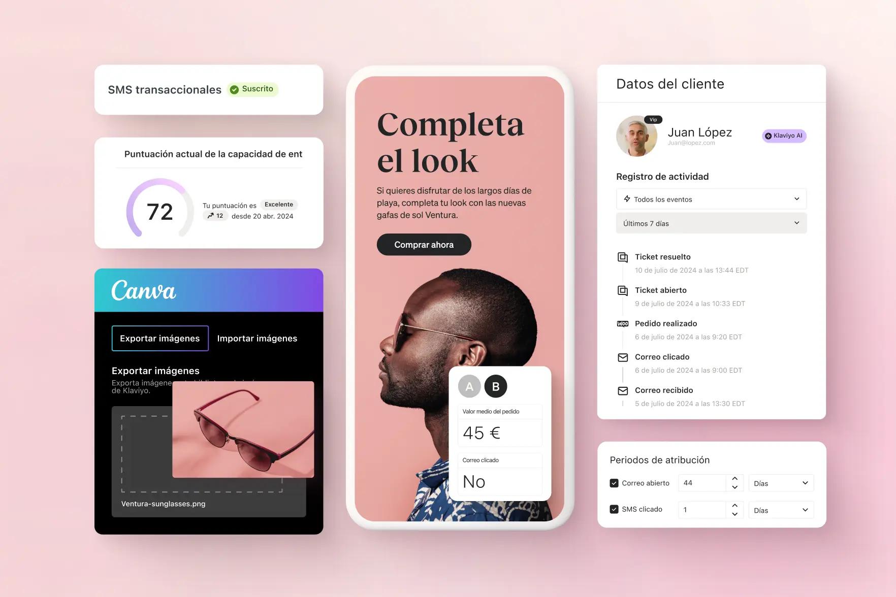Interfaz de usuario con paneles de datos de cliente, puntuación, opciones de exportación en Canva y anuncio de gafas de sol.
