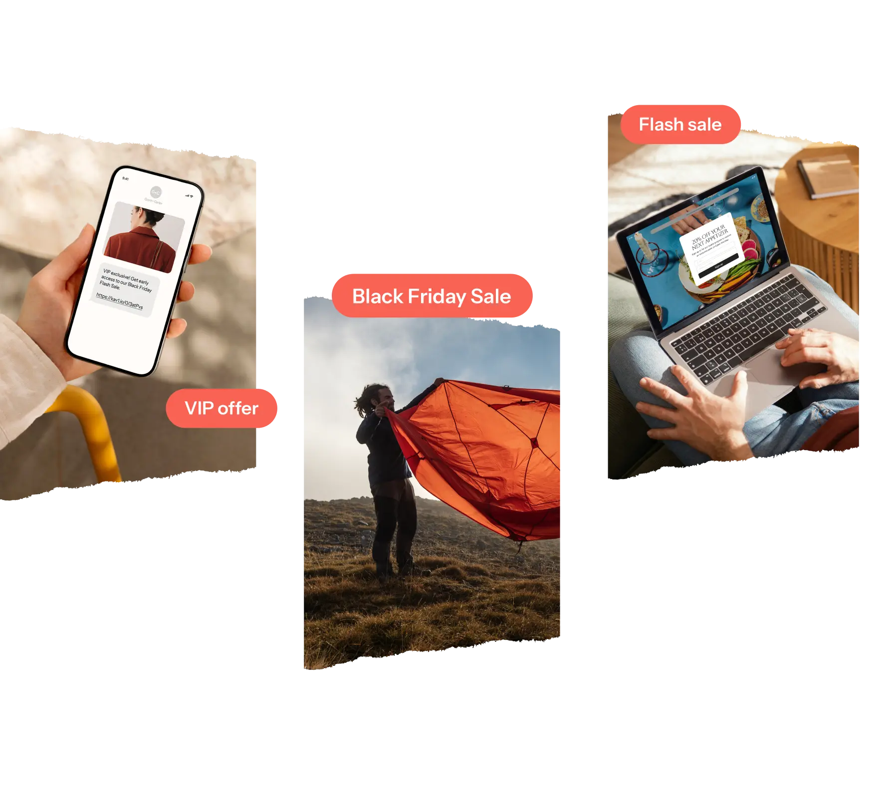 Collage of three images: a person holding a phone with a VIP offer, someone with a red kite labeled Black Friday Sale, and a laptop with a Flash Sale.