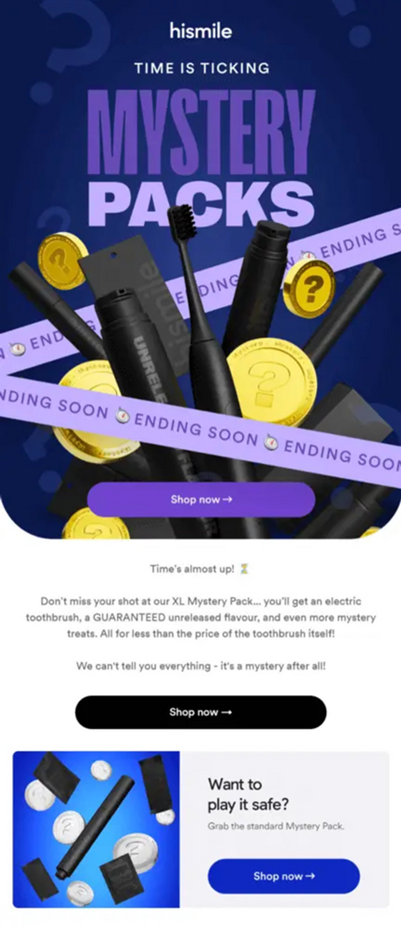 Image shows several oral care products haphazardly bursting from the bottom of the screen against a dark blue background. All products are black and include a toothbrush and toothpaste, and they’re surrounded by golden circles with question marks inside them. A purple CTA underneath says, “Shop now.”