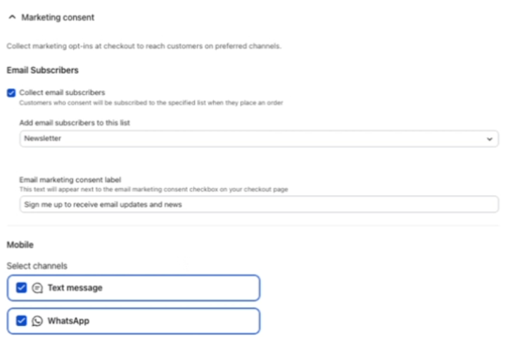 Marketing consent settings page with options for email subscribers (Newsletter) and mobile channels (Text message, WhatsApp).