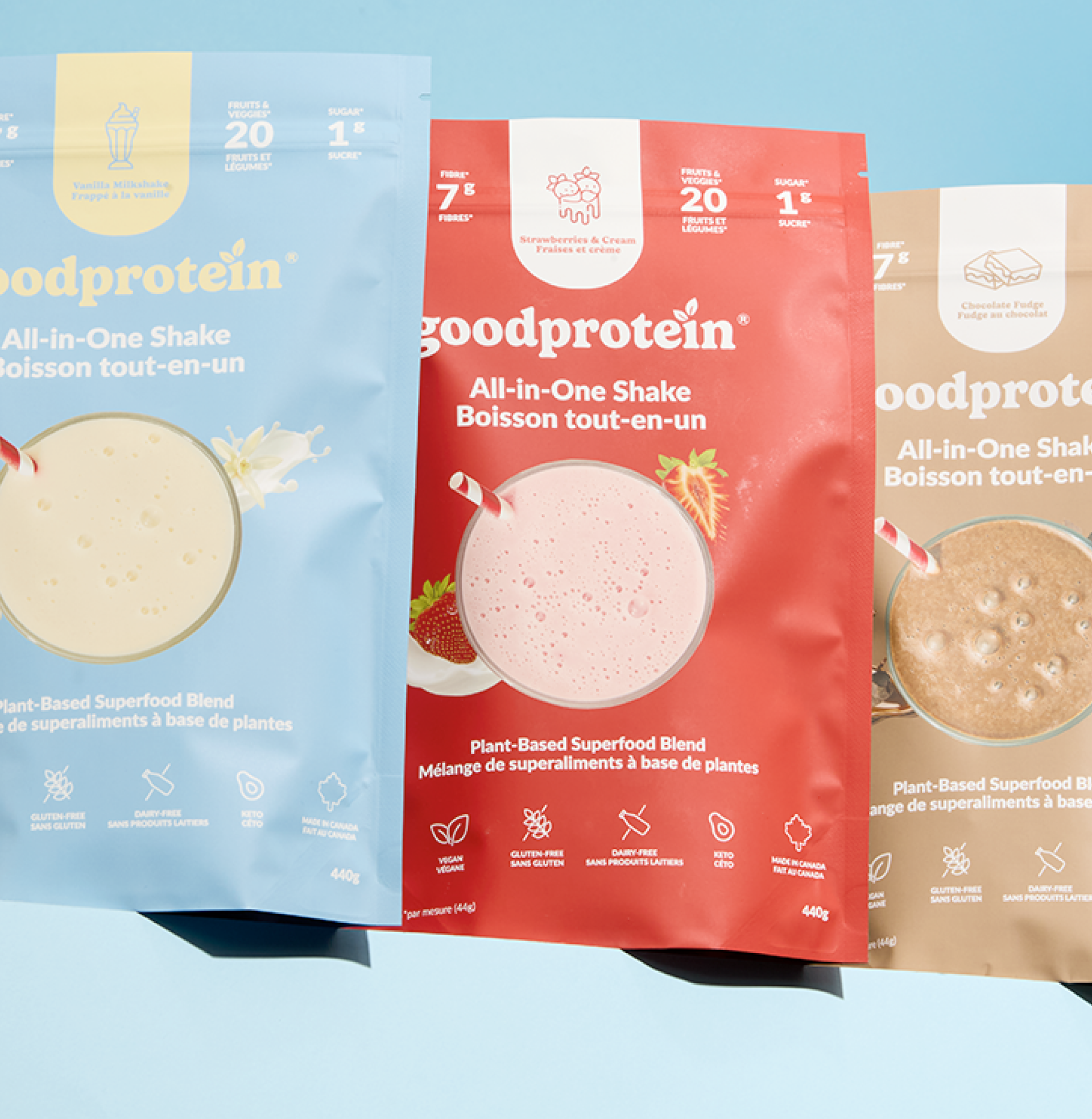 Good Protein shake pouches in vanilla milkshake, strawberries and cream, and chocolate fudge flavors on a blue background.