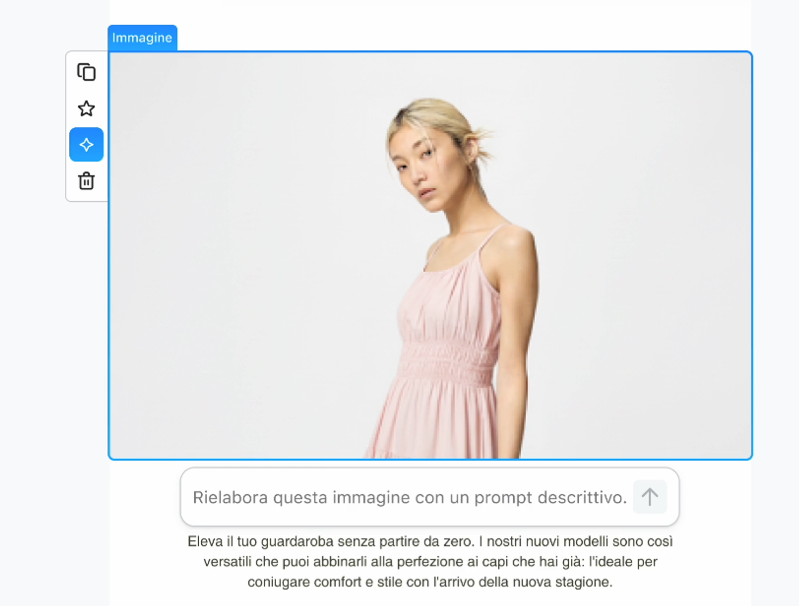 A young woman in a light pink ruched dress displayed within an image generation interface.