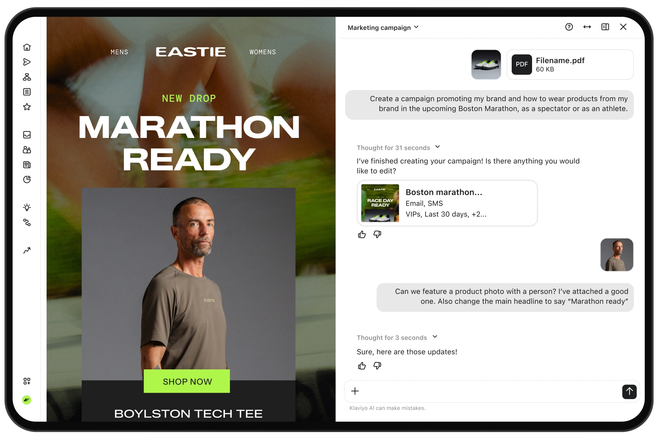 Marketing campaign editor showing a “Marathon Ready” ad with a male model and an AI chat panel.