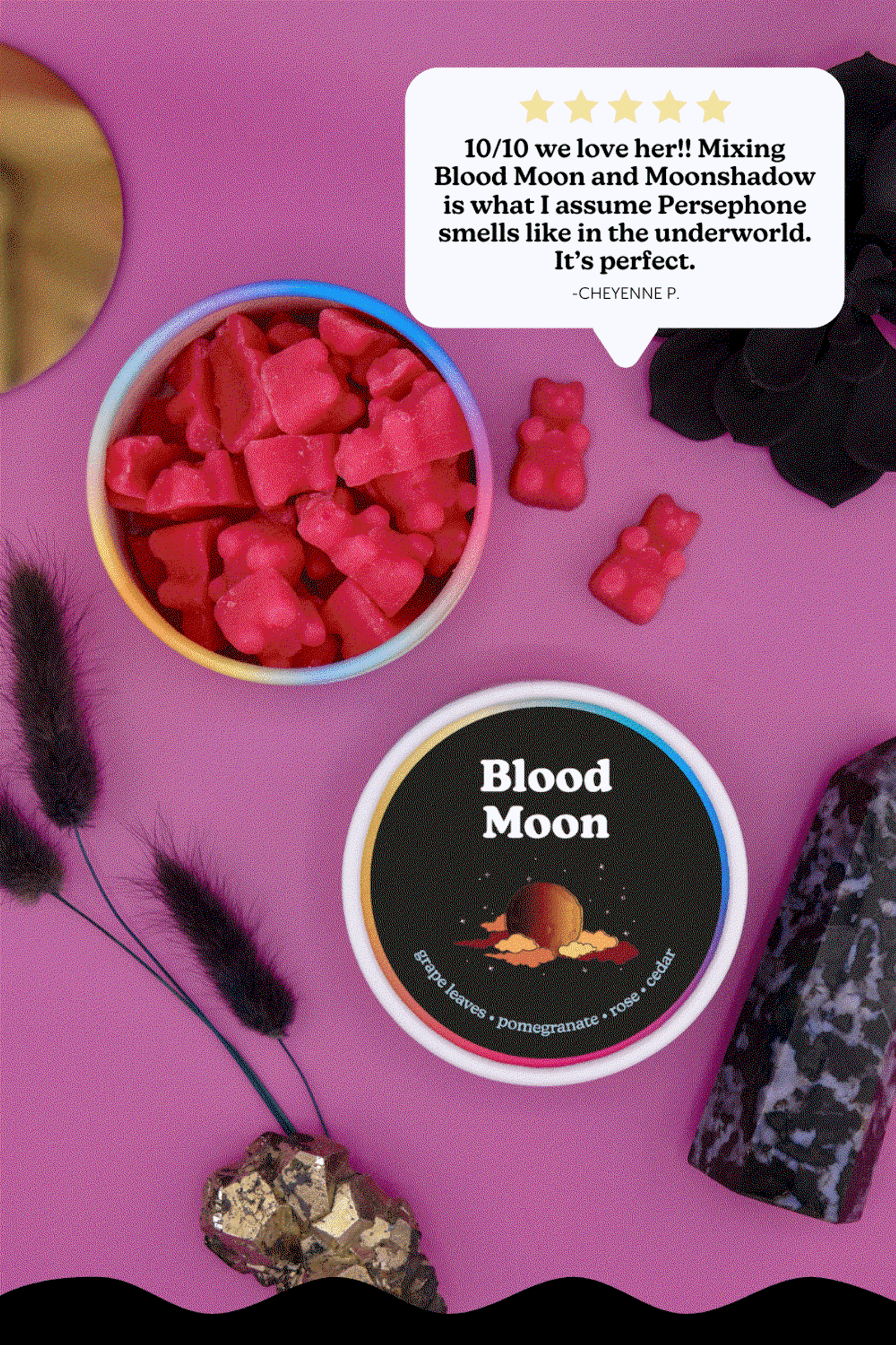 Red gummy bears, a "Blood Moon" scented product (grape, pomegranate, rose, cedar), and a 5-star customer review are arranged on a magenta background.