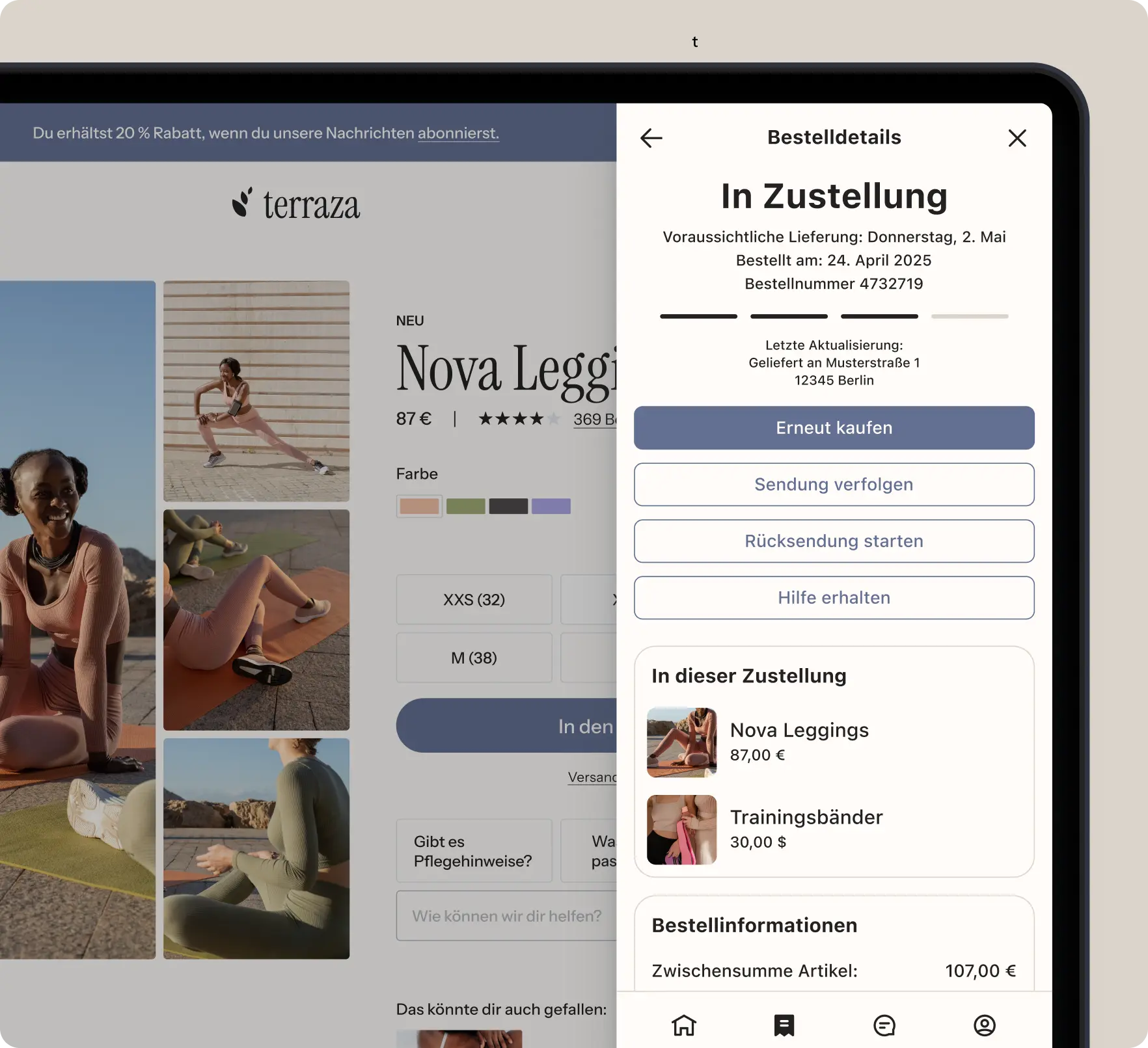 Tablet-Bildschirm zeigt eine Online-Bestellung von "Nova Leggings" und "Trainingsbänder" mit Lieferdetails und Bestelloptionen.
