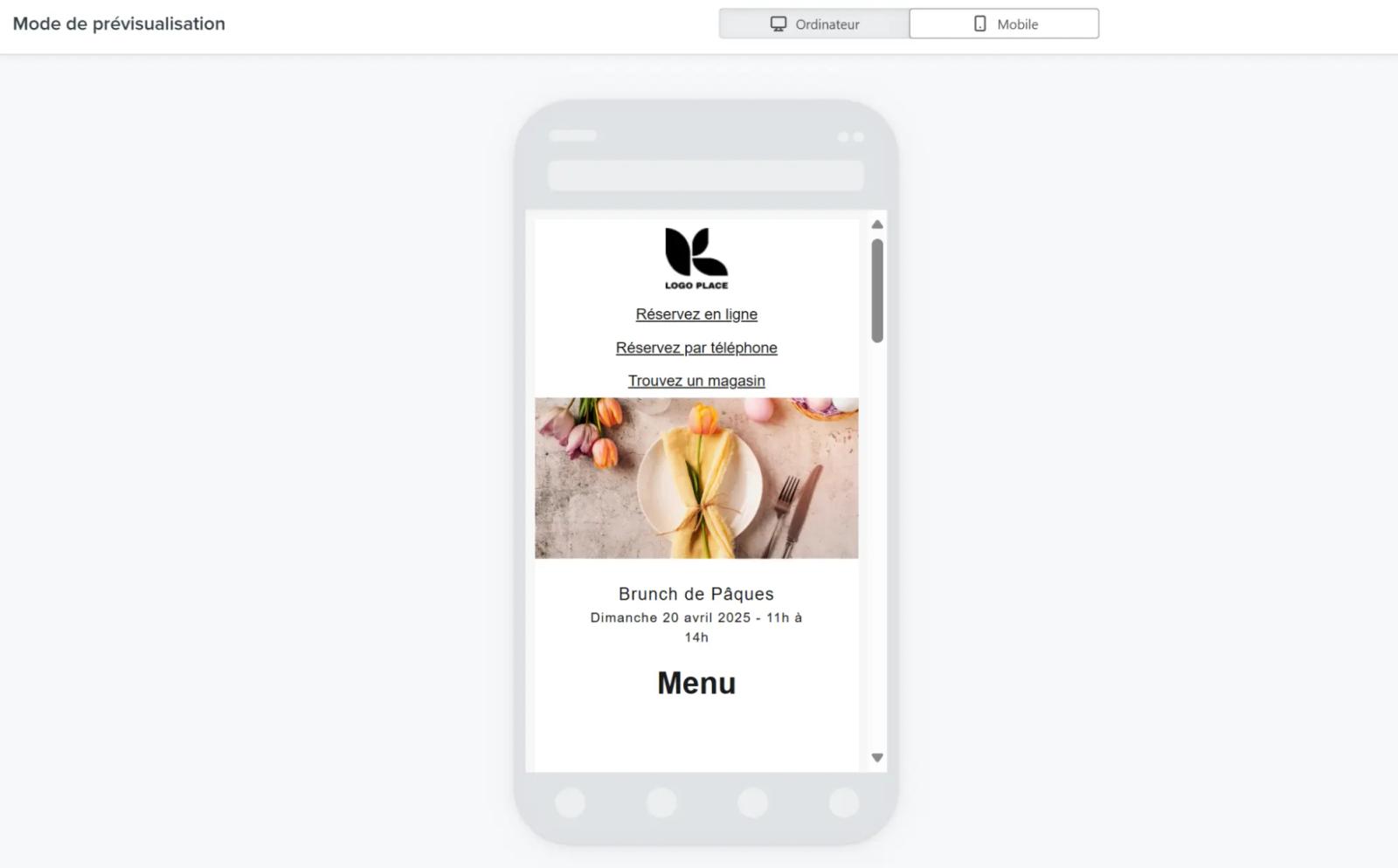 Aperçu mobile d'une newsletter avec l’affichage d'un brunch de Pâques, comprenant une image d'une table décorée et du texte informatif sur l'événement.