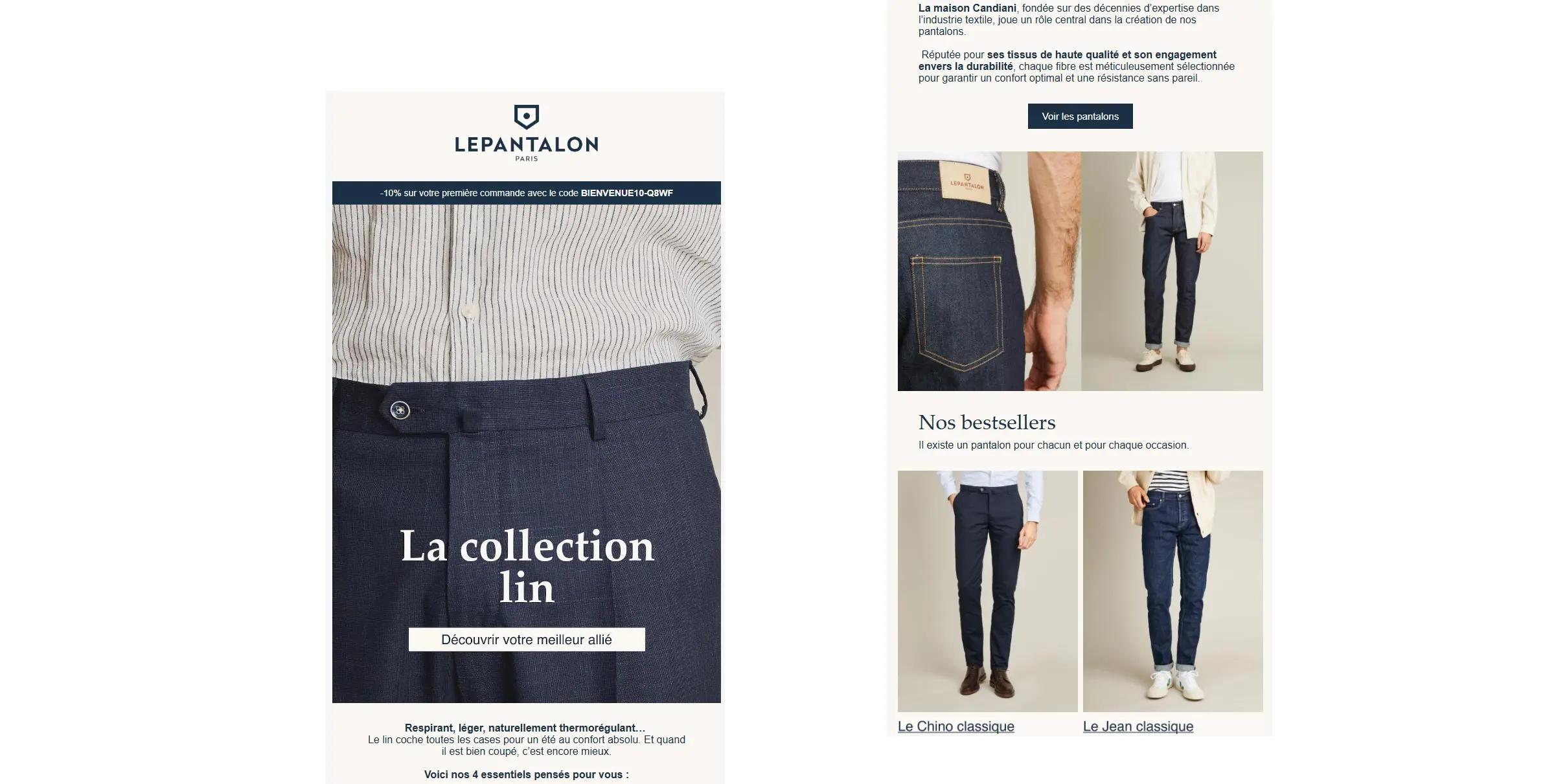 Zoom sur un pantalon en lin bleu marine et une chemise rayée, dans un troisième e-mail de bienvenue dédié aux bénéfices de la matière et aux modèles phares de la collection estivale de LePantalon.