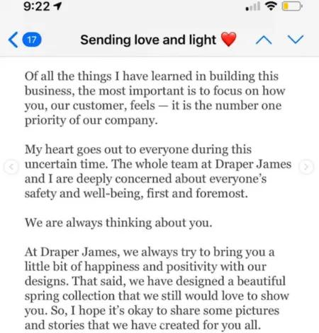 Email from Reese Witherspoon on behalf of Draper James featuring a note addressing the pandemic and introducing a new apparel collection.
