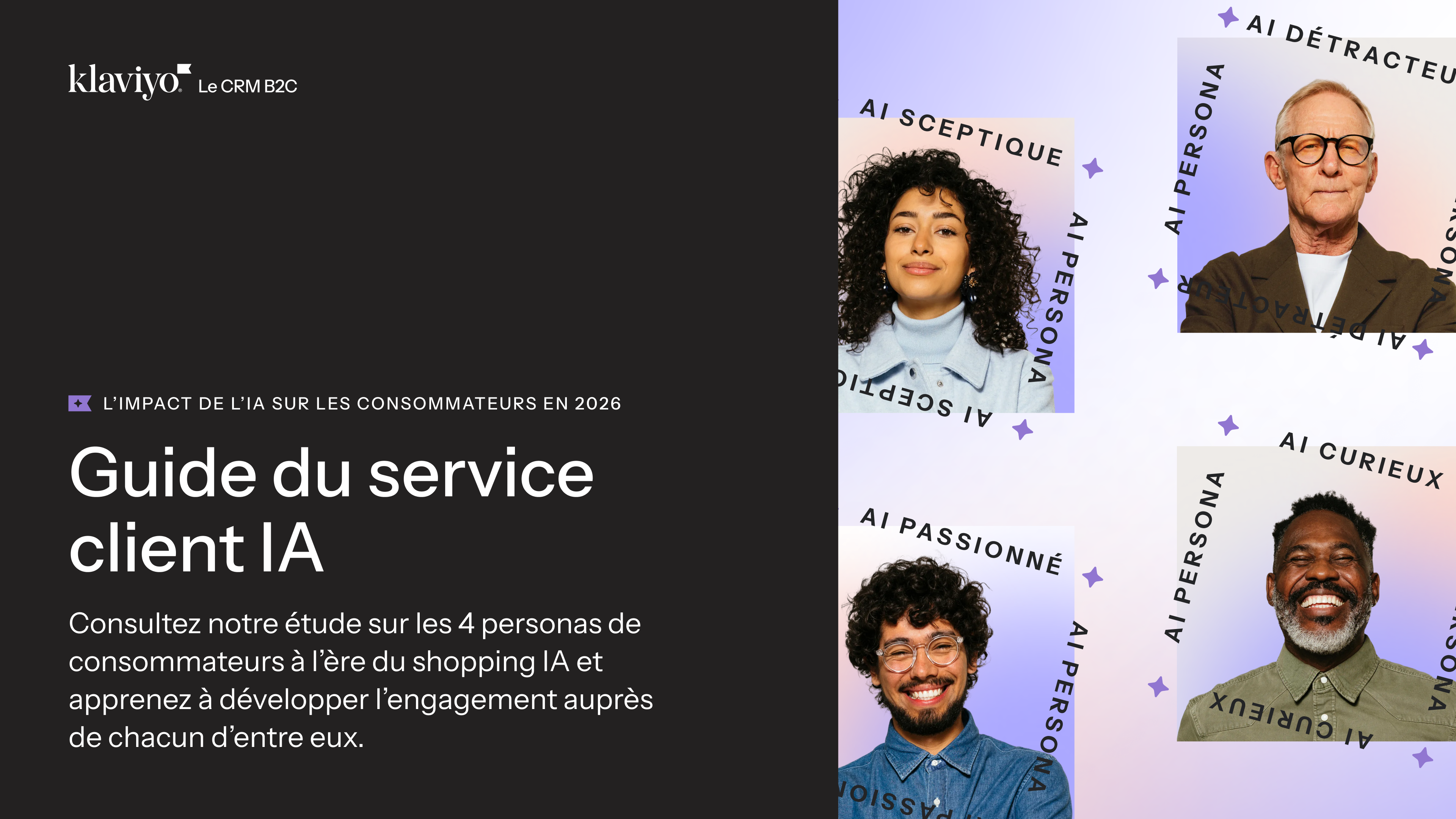 Klaviyo guide cover: "AI Customer Service Guide" and "Impact of AI on Consumers in 2026", featuring four diverse portraits representing AI SKEPTIC, DETRACTOR, PASSIONATE, and CURIOUS personas.