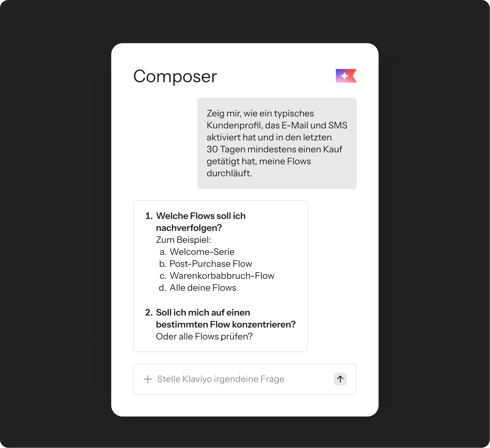 Klaviyo Composer interface in German, showing an AI prompt and options for analyzing customer flows.