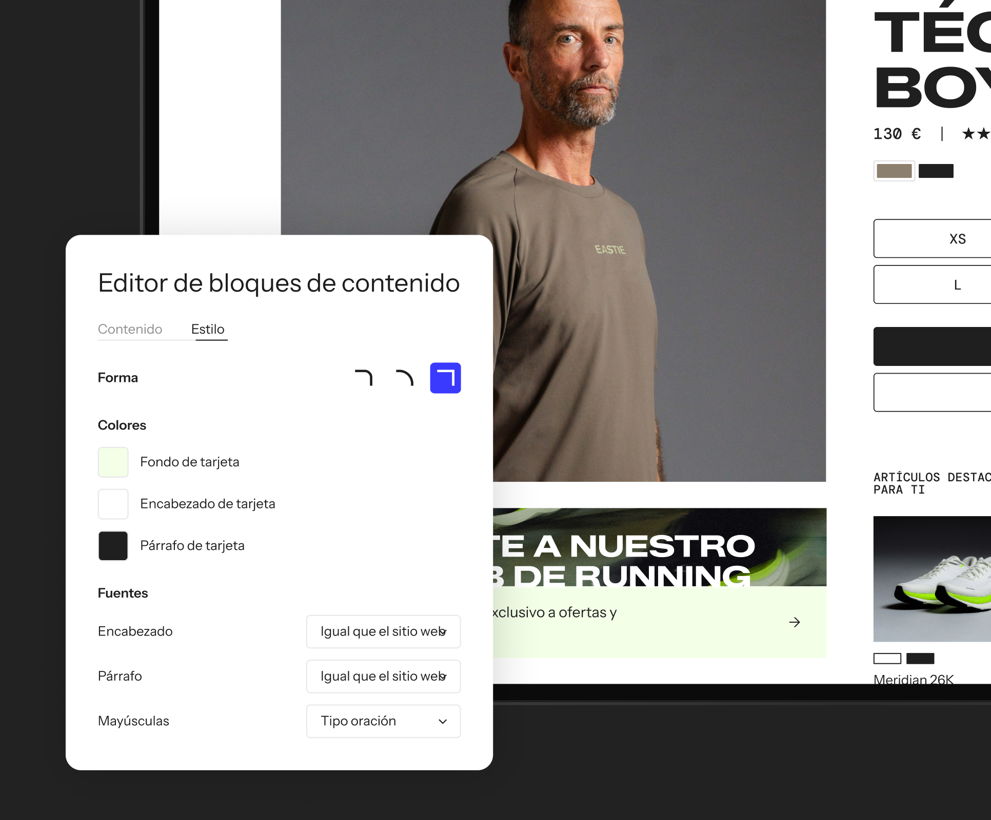 Website product page with a content block editor open to the style settings.