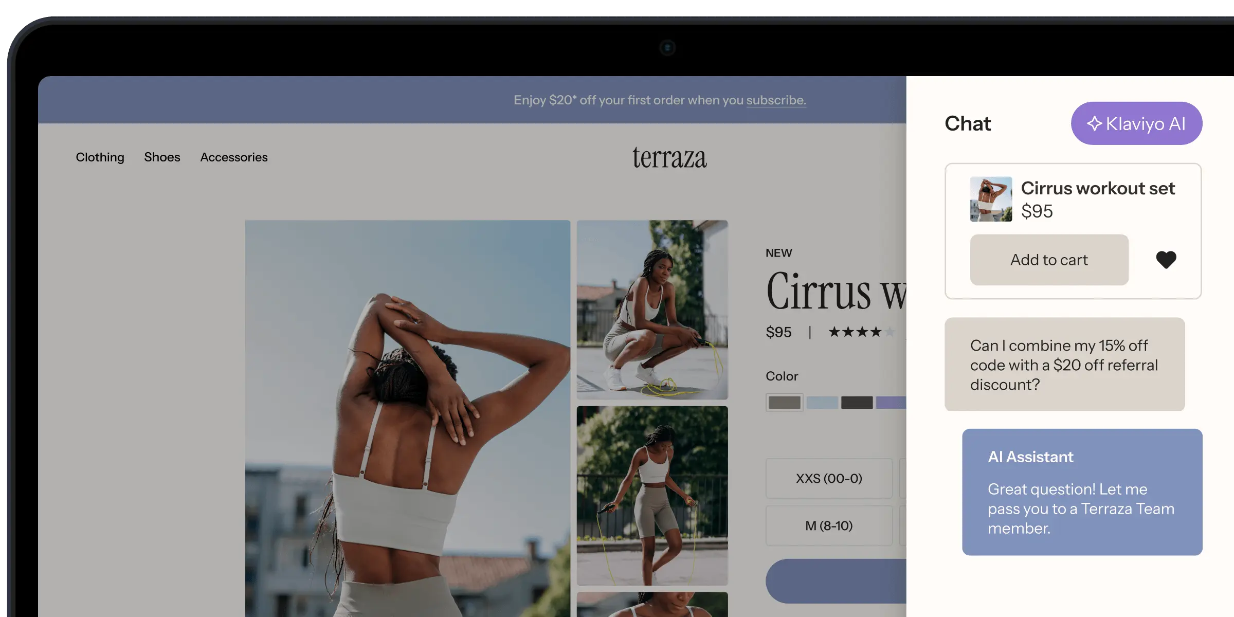 Online shopping interface for a "Cirrus workout set" with a chat feature. An AI assistant responds to a discount query.