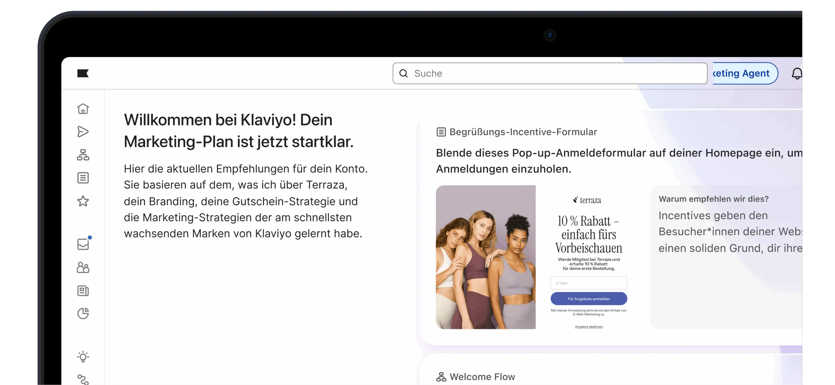 Klaviyo-Dashboard mit Begrüßungstext und Pop-up-Anmeldeformular für 10 % Rabatt bei Terraza.