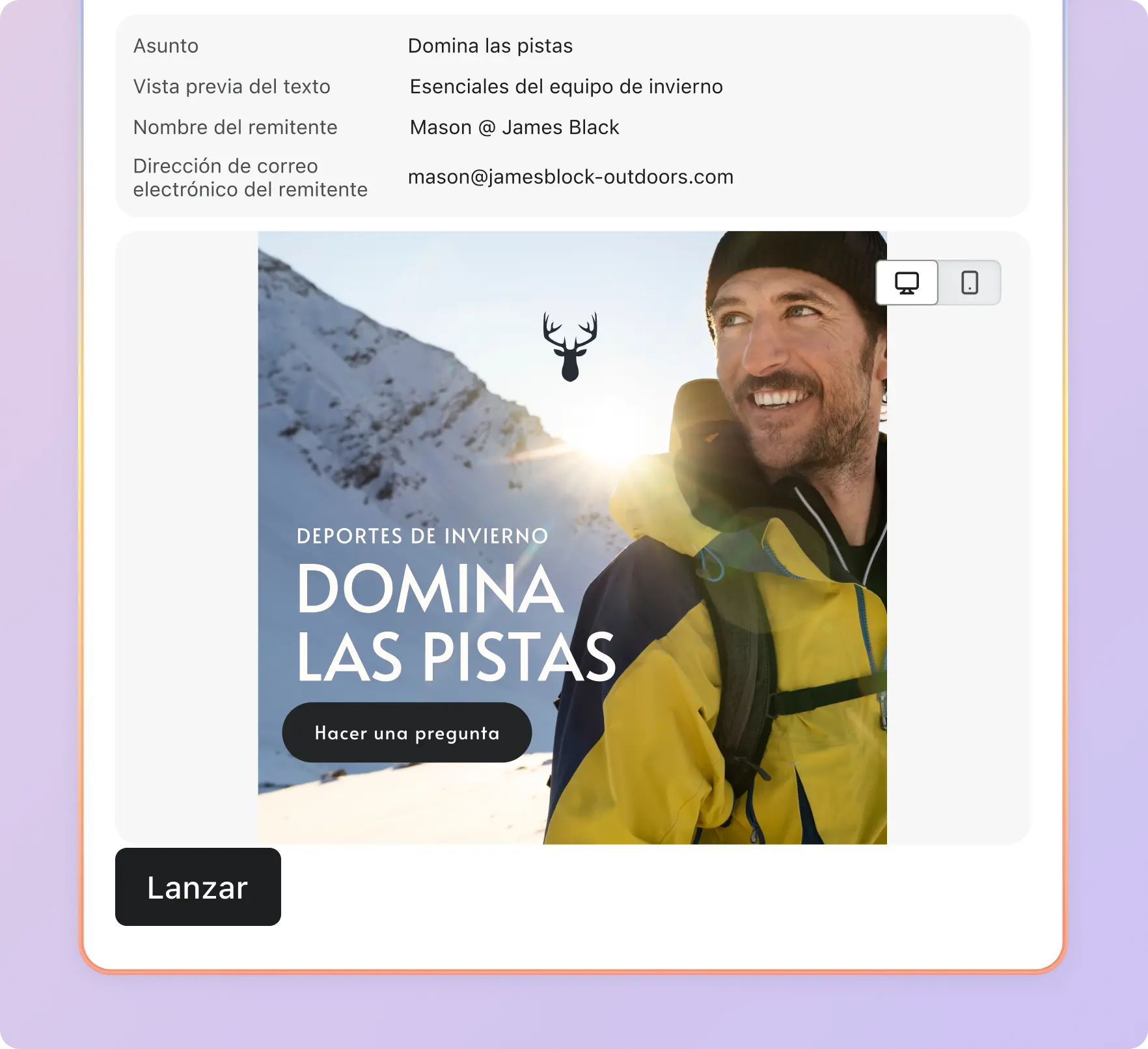 Hombre con chaqueta de invierno en la montaña, texto: "Deportes de invierno, Domina las pistas". Icono de ciervo.