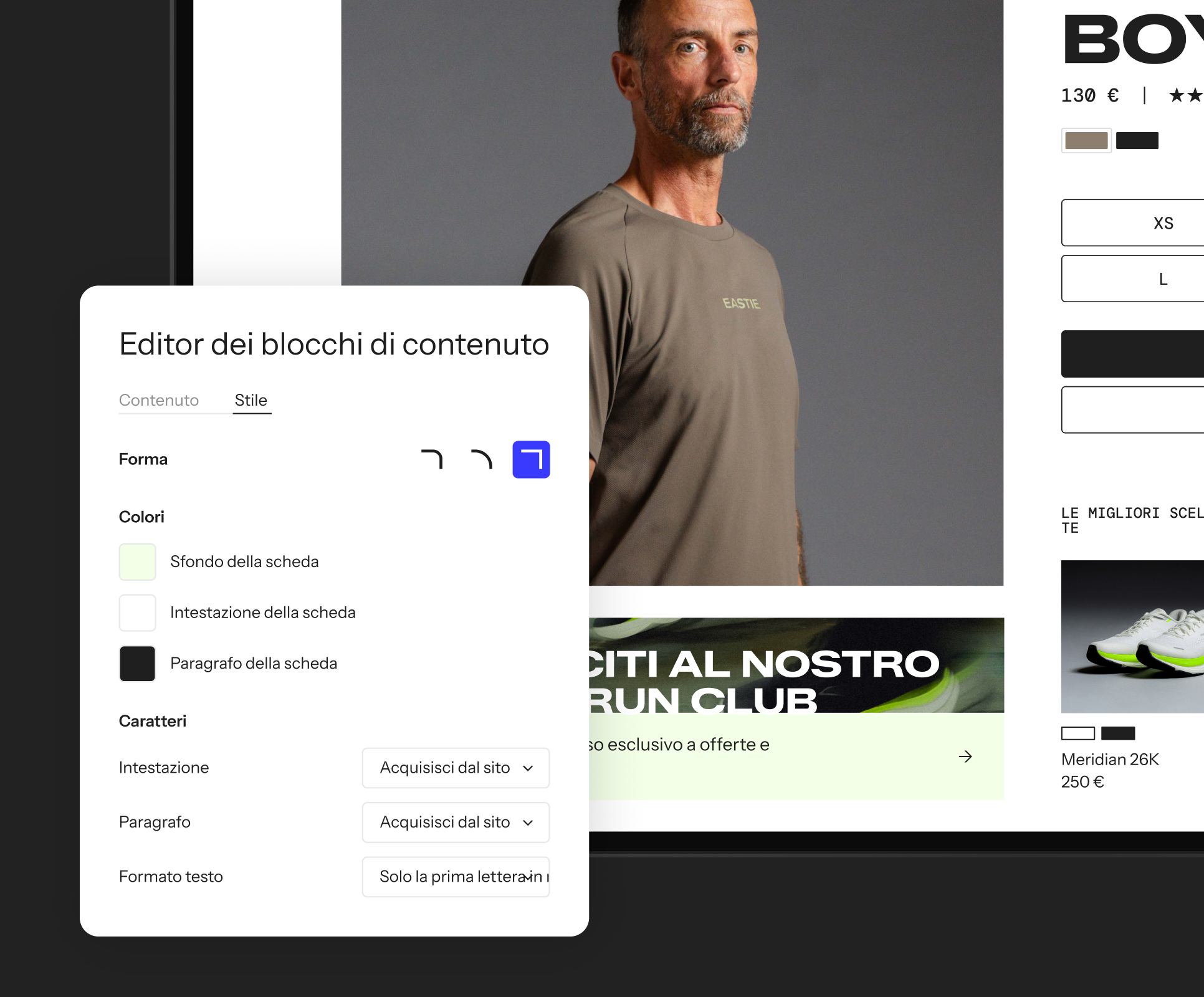 Content block editor pop-up with style options over a product webpage.
