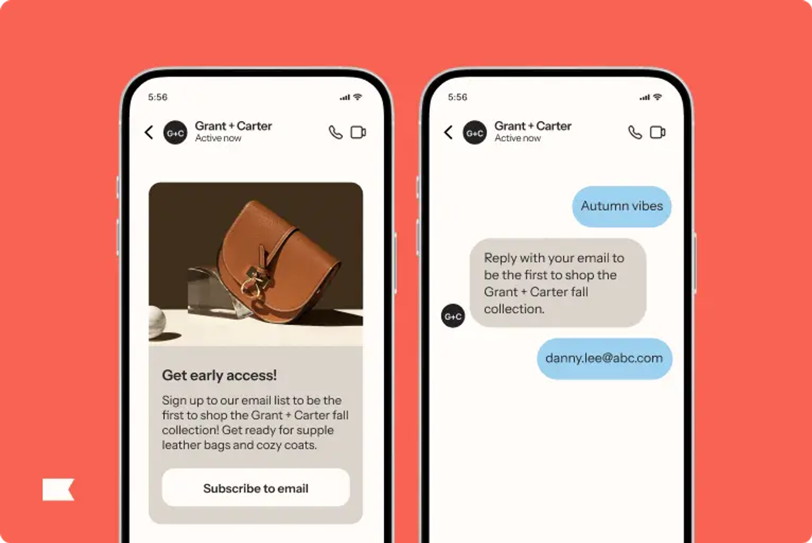Two smartphone screens display a chat with Grant + Carter. Left screen shows a leather bag and a subscription prompt. Right screen shows a text conversation about the fall collection.