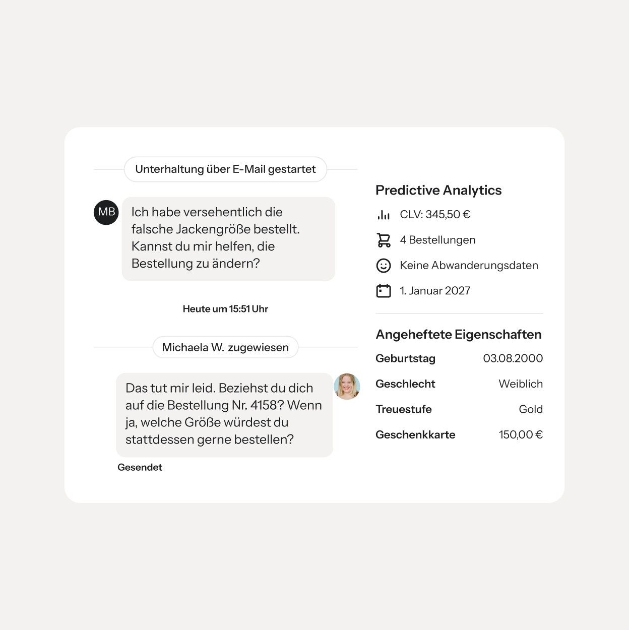 Customer support chat about changing a jacket size, alongside predictive analytics and customer details.