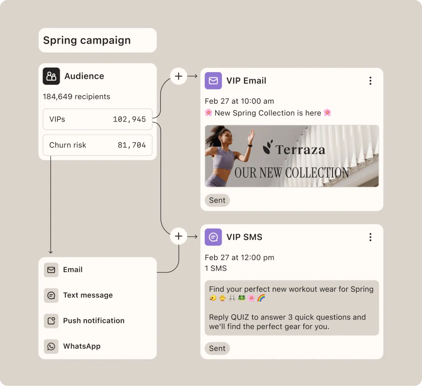 Flowchart of a spring campaign showing audience segmentation and communication channels, including VIP email and SMS messages.