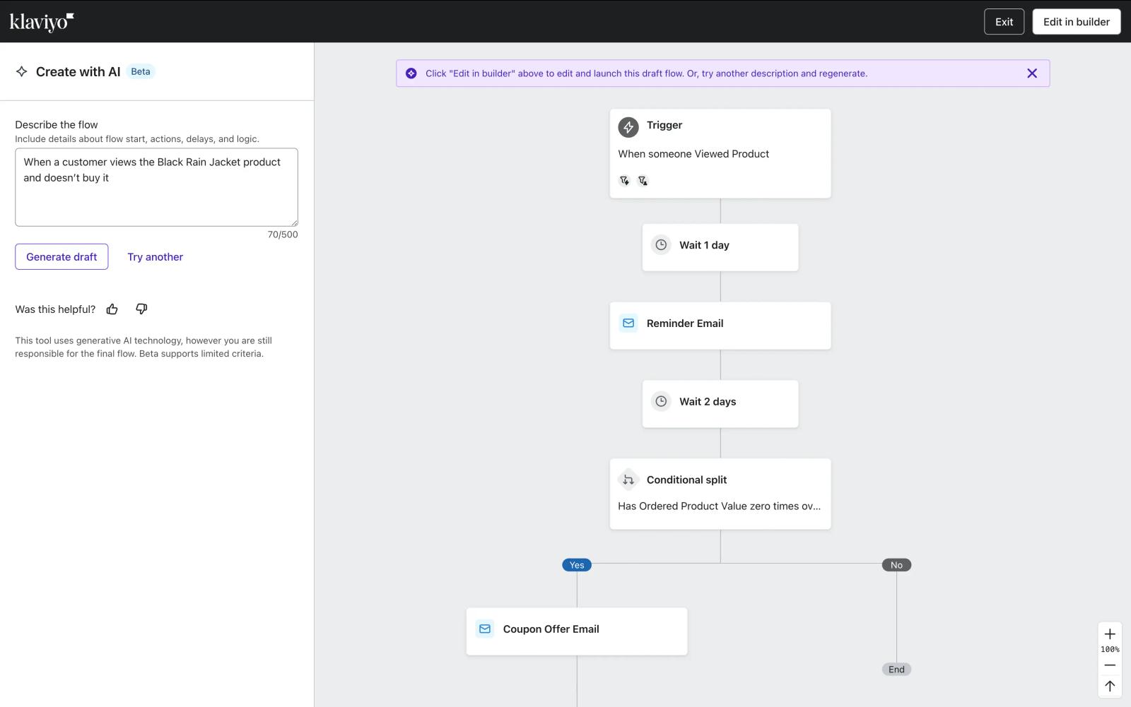 Image shows the Flows AI dashboard in Klaviyo, with a write-in box prompting the user to “Describe the flow.” The button underneath says, “Generate draft.”
