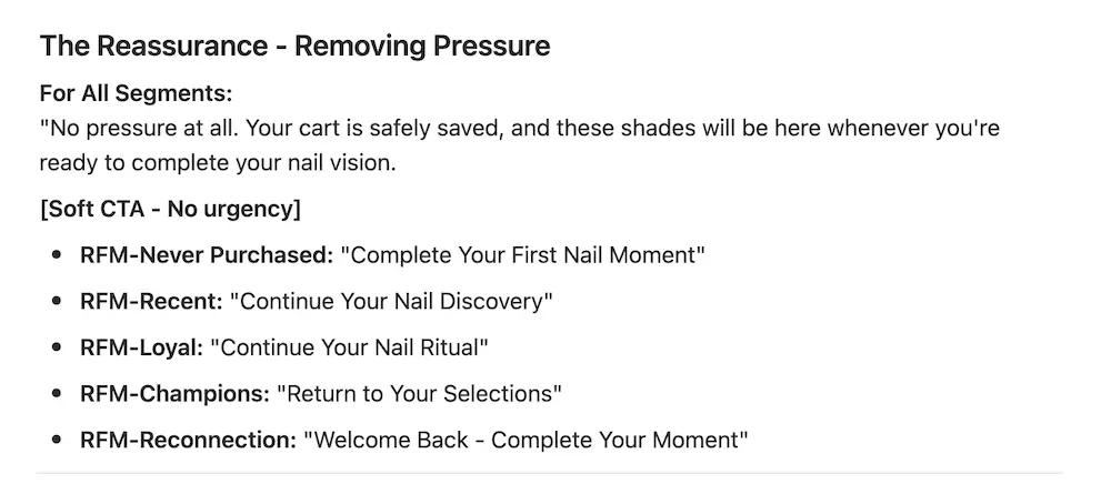 The image shows a reassurance message for customers, emphasizing no pressure to complete a purchase. It includes soft call-to-action phrases for different RFM segments: Never Purchased, Recent, Loyal, Champions, and Reconnection.