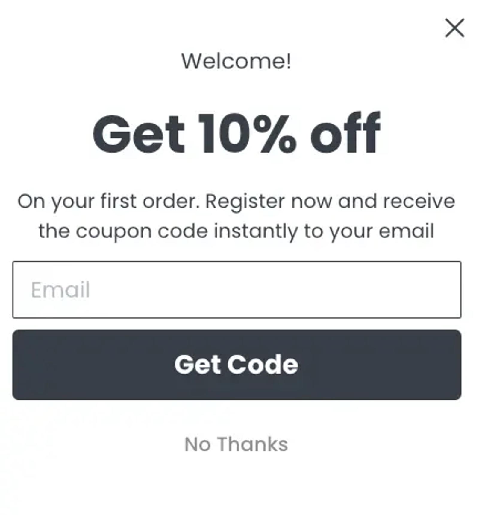 Image shows a text-only email pop-up from tableware brand Zarina, offering the subscriber 10% off their first order with the CTA “get code.”