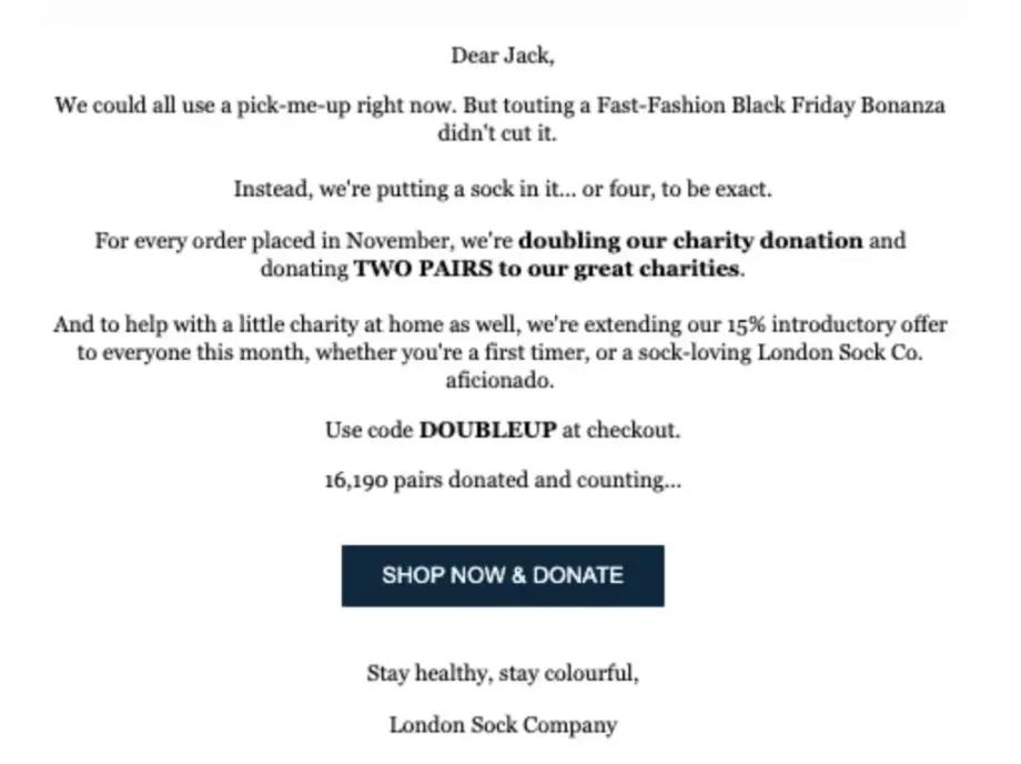 Charity promotion by London Sock Company offering double donations and a 15% discount with code "DOUBLEUP". 16,190 pairs donated.