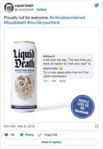 Image shows a Tweet from Liquid Death featuring a negative review.