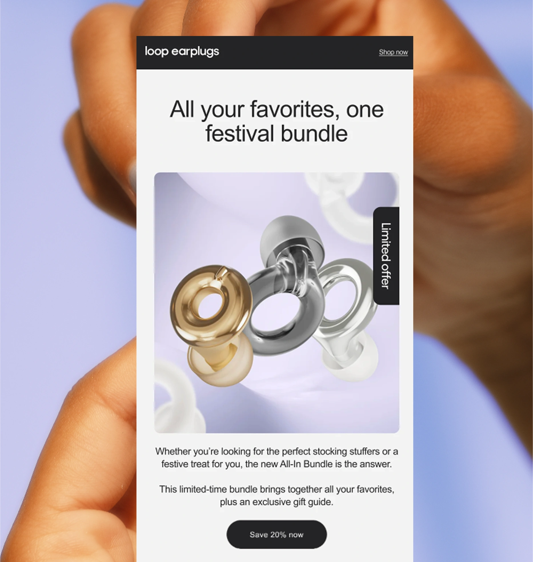Hand holding a Loop Earplugs ad featuring three earplugs and a limited festival bundle offer.