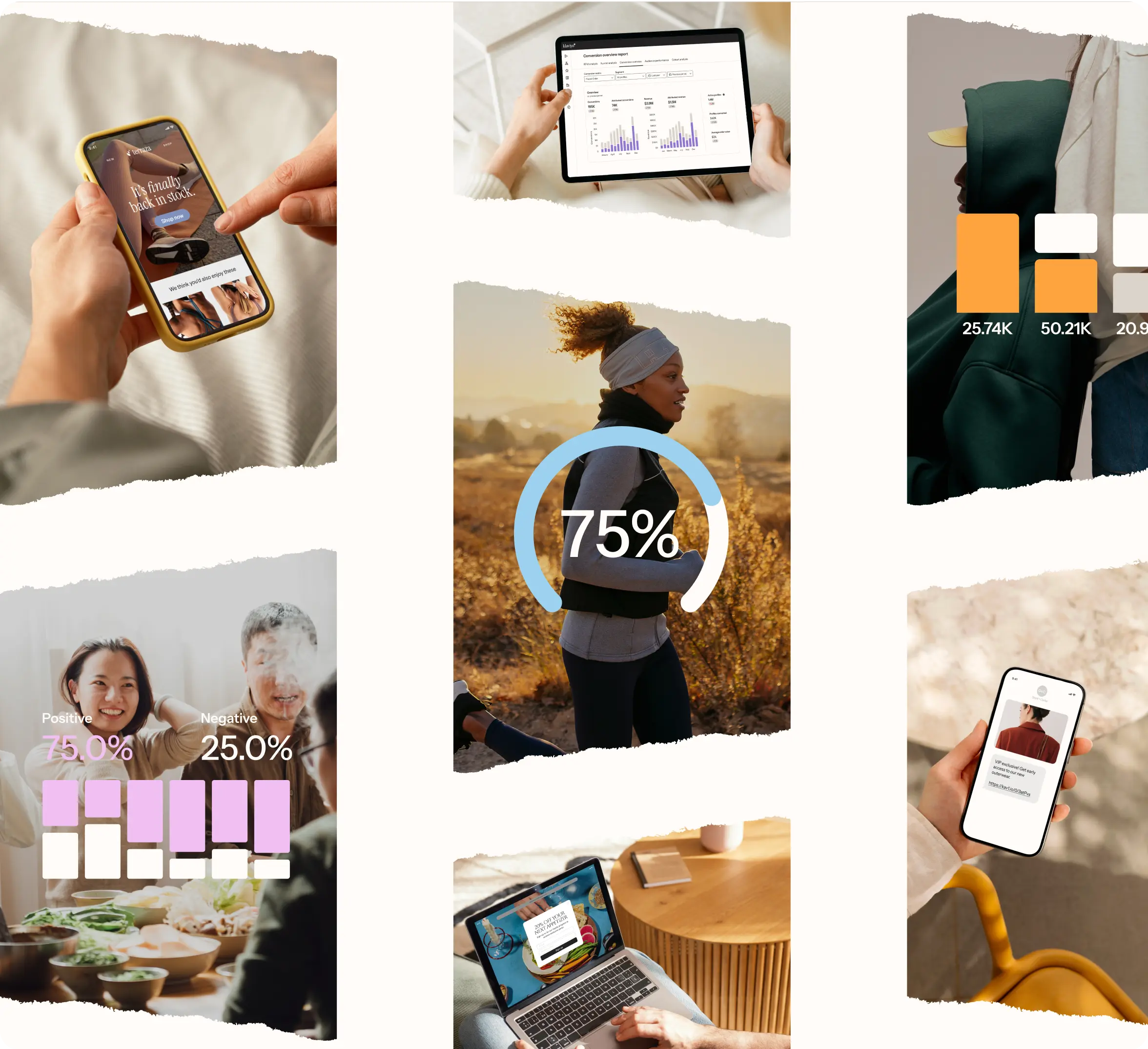 Collage mit verschiedenen Szenen: Person mit Smartphone, Tablet mit Diagrammen, laufende Frau, Personen beim Essen, Laptop, Smartphone.