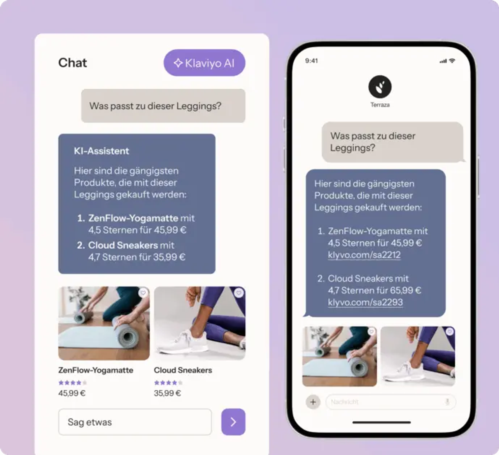 A split-screen image showing a shopping assistant chat interface in German. On the left, a desktop-style UI labeled “Klaviyo AI” displays a user asking “Was passt zu dieser Leggings?” (What goes with these leggings?). The AI assistant suggests related products, including a yoga mat and sneakers, with ratings and prices, alongside small product images below. On the right, a mobile version of the same conversation appears on a smartphone screen, showing similar product recommendations with links and images in a chat format. The design uses soft purple and neutral tones.