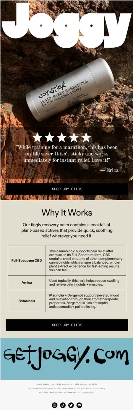 Image shows a marketing email from Joggy that follows accessibility best practices: the colors are contrasted and the important information is laid out in a chart—not overlaid on an image.
