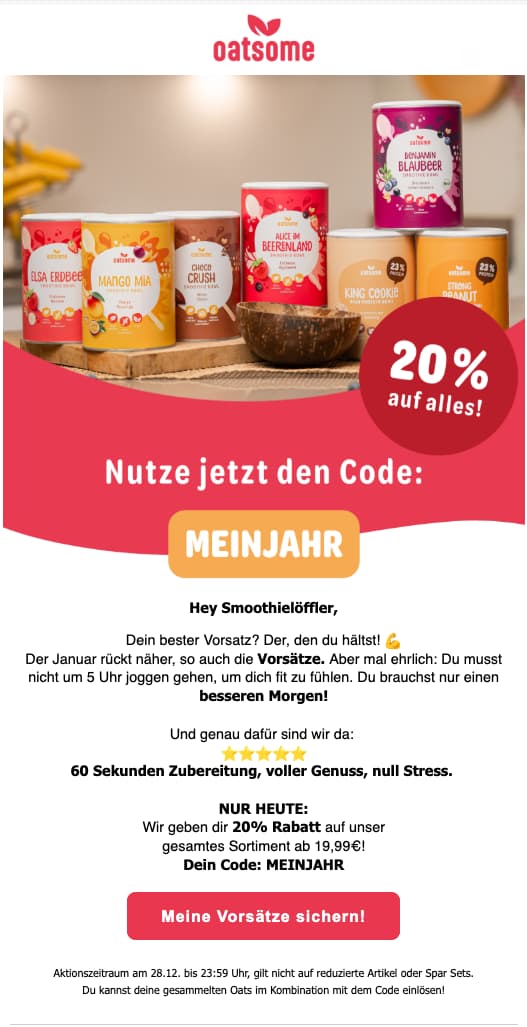 Werbebild von Oatsome mit verschiedenen Smoothie- und Porridge-Produkten in bunten Dosen auf einem Tisch. Text im Bild bewirbt 20 % Rabatt auf das gesamte Sortiment mit dem Gutscheincode „MEINJAHR“.