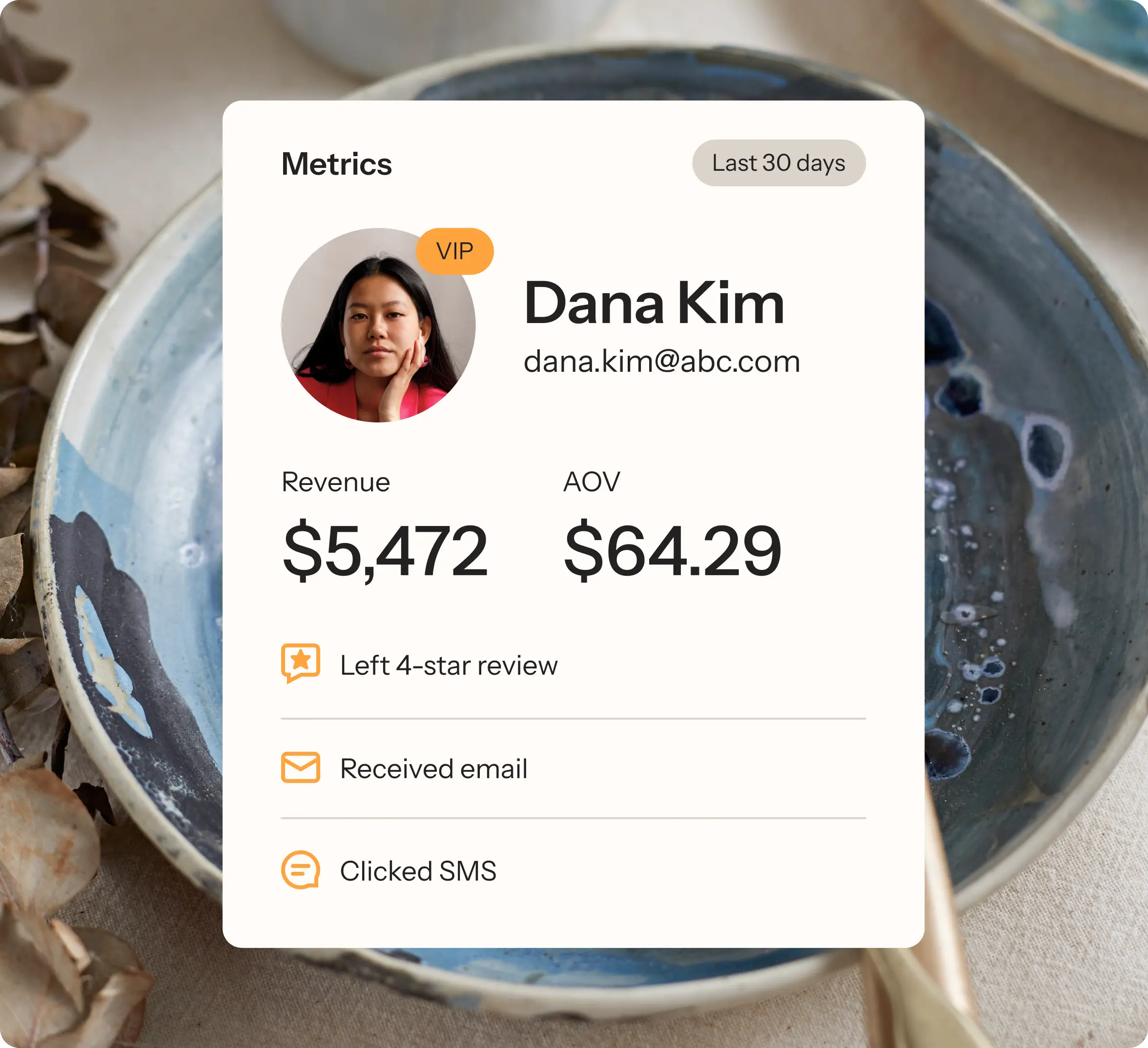 Customer profile showing total spend, average order value, and actions such as Received email and Clicked SMS