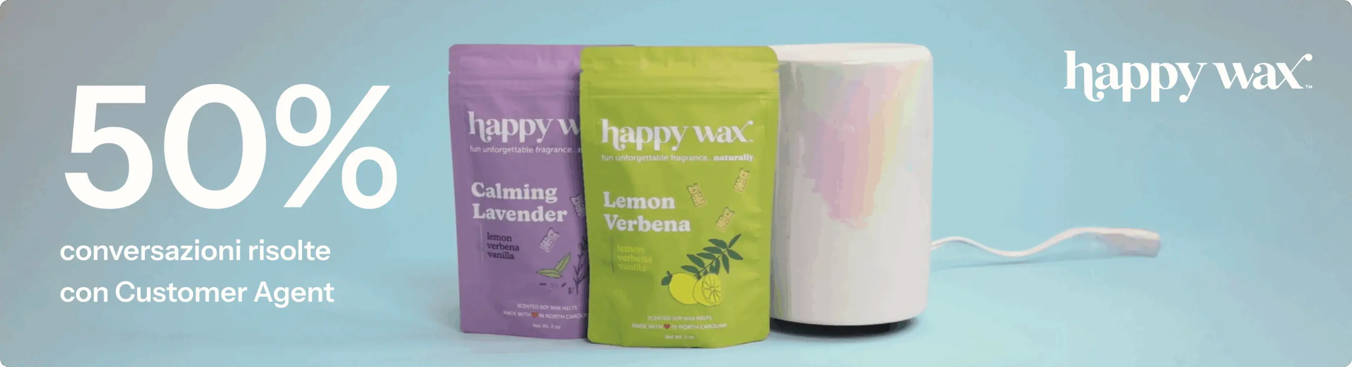 50% conversazioni risolte con Customer Agent. Prodotti Happy Wax: Calming Lavender e Lemon Verbena.