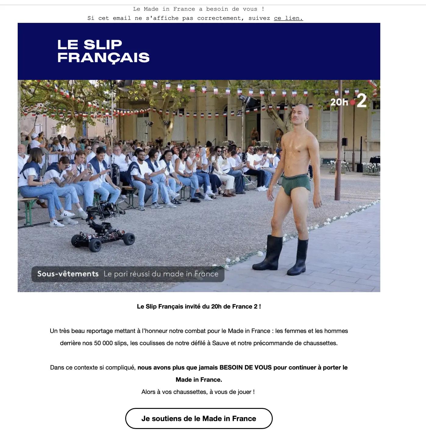 Email du Slip Français mettant en avant leur passage au journal télévisé et appelant à soutenir le Made in France.