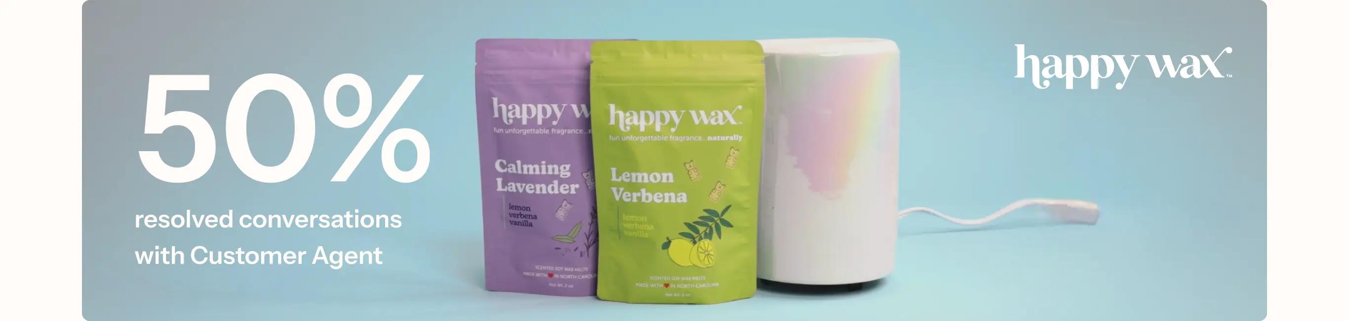 50% resolved conversations with Customer Agent text next to Happy Wax products and a wax warmer.