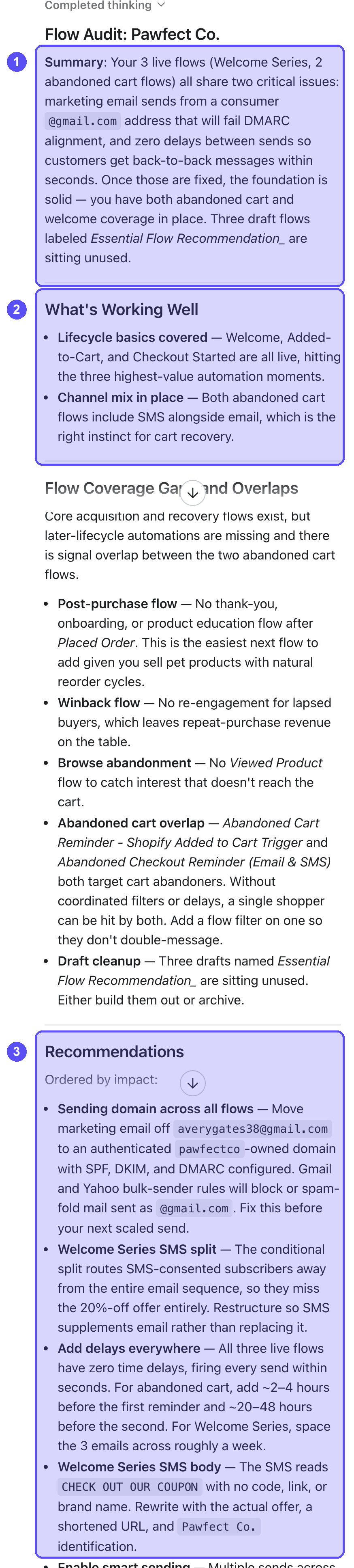 A Flow Audit document for Pawfect Co., detailing a summary, what's working, flow coverage gaps, and recommendations for marketing automation.