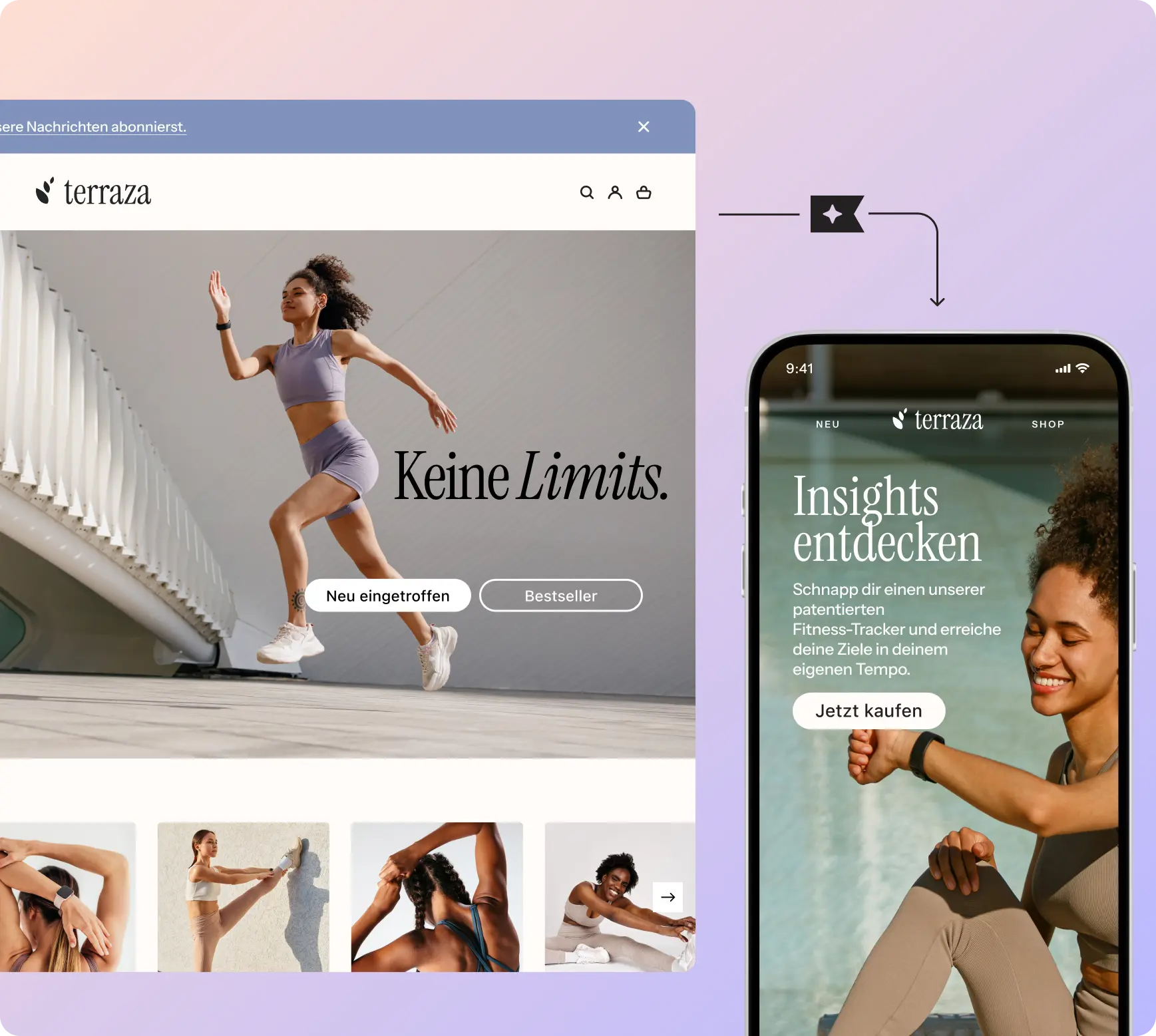 Website und Smartphone-Anzeige für "terraza" mit sportlicher Frau und Texten "Keine Limits" und "Insights entdecken".