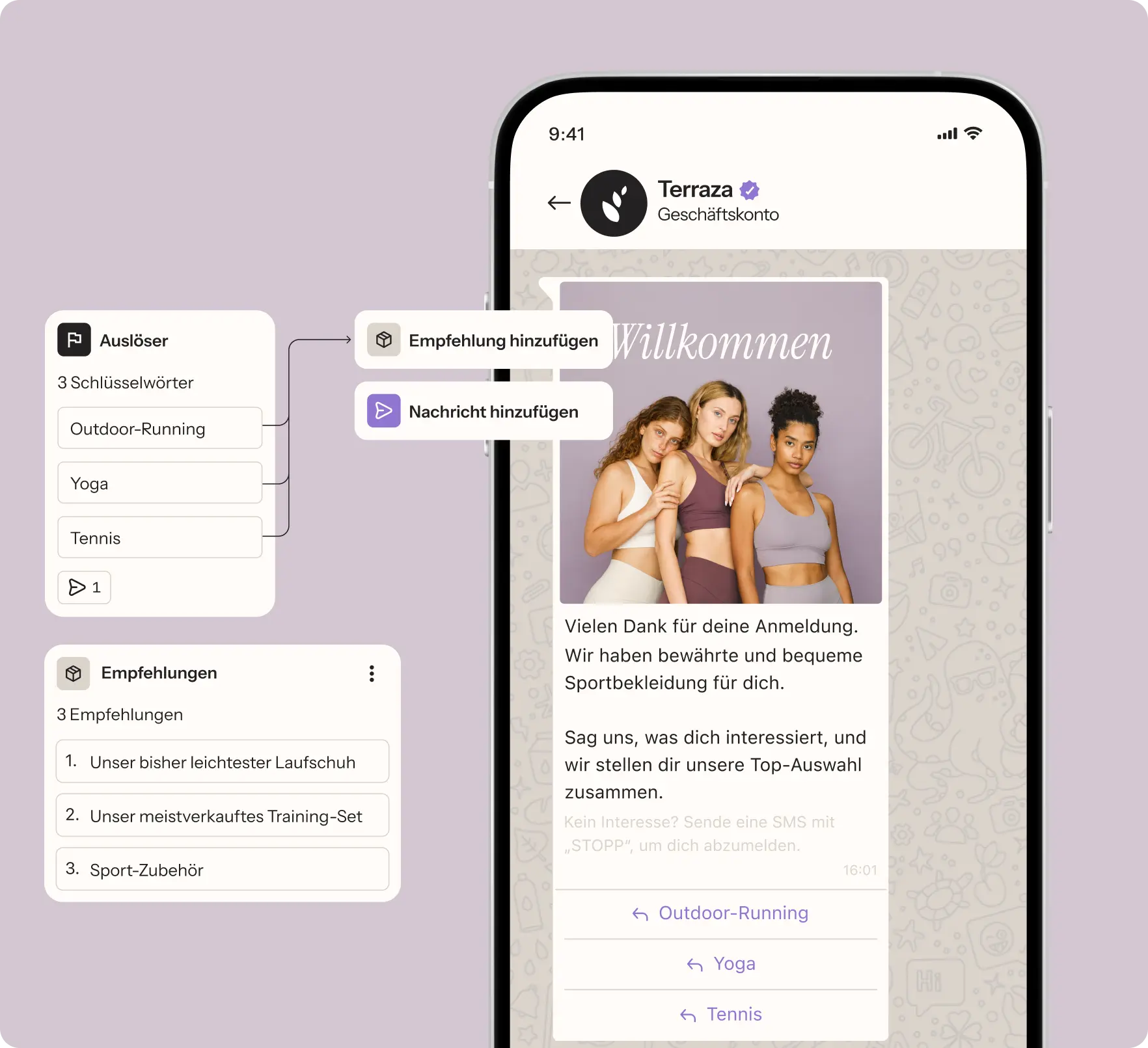 WhatsApp-Nachricht vom Terraza Business Account mit Empfehlungen für Sportbekleidung basierend auf Schlüsselwörtern: Outdoor-Running, Yoga, Tennis.