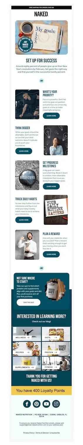 Image shows a New Year’s marketing campaign from workout supplement brand Naked Nutrition, titled, “Set up for success.” The email lists steps like setting priorities, thinking bigger, and tracking daily habits, each with a corresponding photo and “learn more” CTA. At the end of the list is a section that says, “not sure where to start?” and encourages subscribers to take the brand’s quiz to find out which proteins and supplements align with their goals and diet.