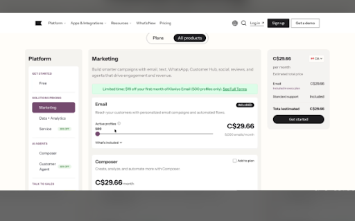 A web page displaying pricing for a marketing platform, showing the "Marketing" plan selected at C$29.66 per month with an email feature for 500 active profiles.