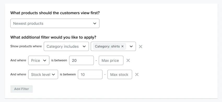 Apply customizable filters to rules based product recommendation feeds.