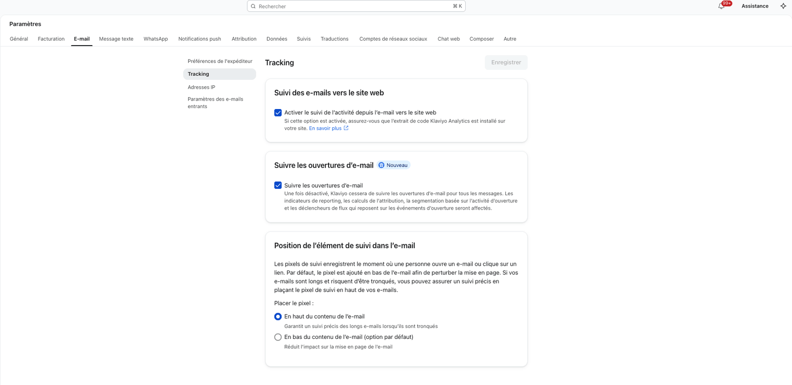 Email tracking settings page with options for website activity tracking, email open tracking, and tracking pixel position.