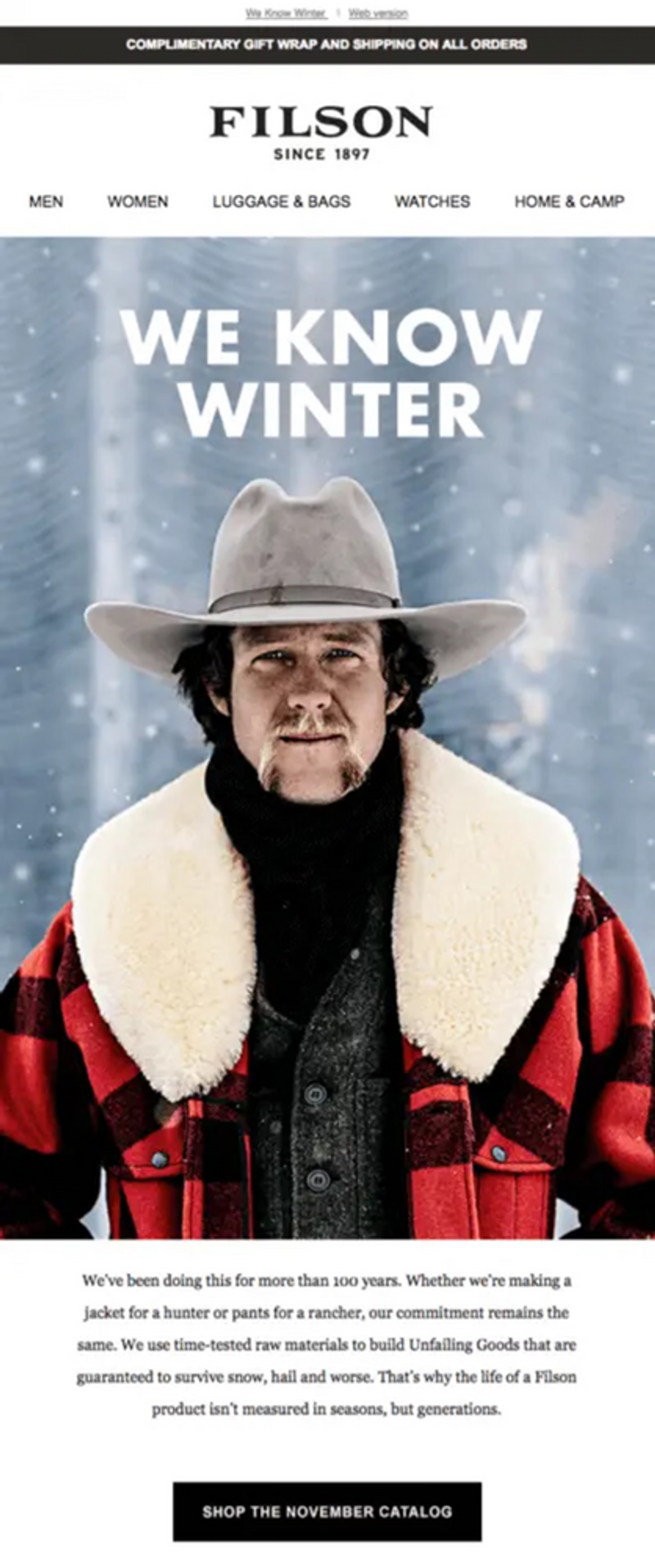 Image shows a person with a handlebar mustache wearing a gray cowboy hat, red plaid jacket with a beige wool collar, and a black turtleneck. Underneath is a block of text and a black CTA that says, “Shop the November catalog.”