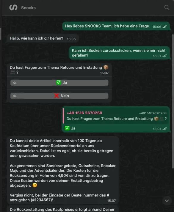 WhatsApp-Chat mit Snocks-Kundendienst über Rücksendung und Erstattung von Socken. Optionen zur Auswahl: Ja oder Nein.
